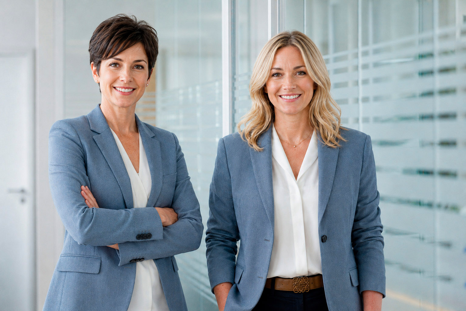 Zwei Mitarbeiterinnen im Business-Outfit in einem modernen Büro